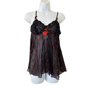 Vtg Y2K Black Red Lace Babydoll Lingerie Top Large Sheer Embroidered Open Front